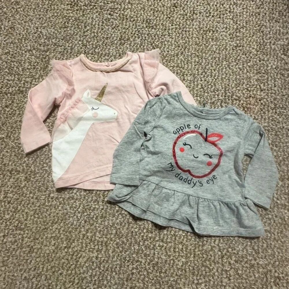 Lot of 2 Carter's Baby Girl Long Sleeve Tops Unicorn Apple Daddy's Eye 6 Months